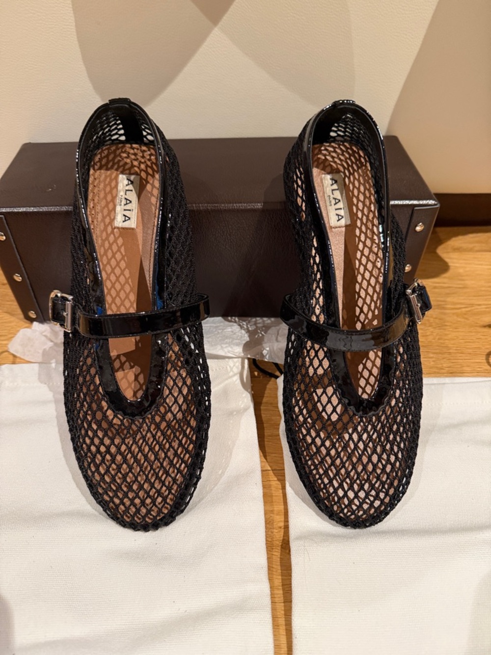 Alaia Black Mesh Mary Jane Flats with Patent Strap